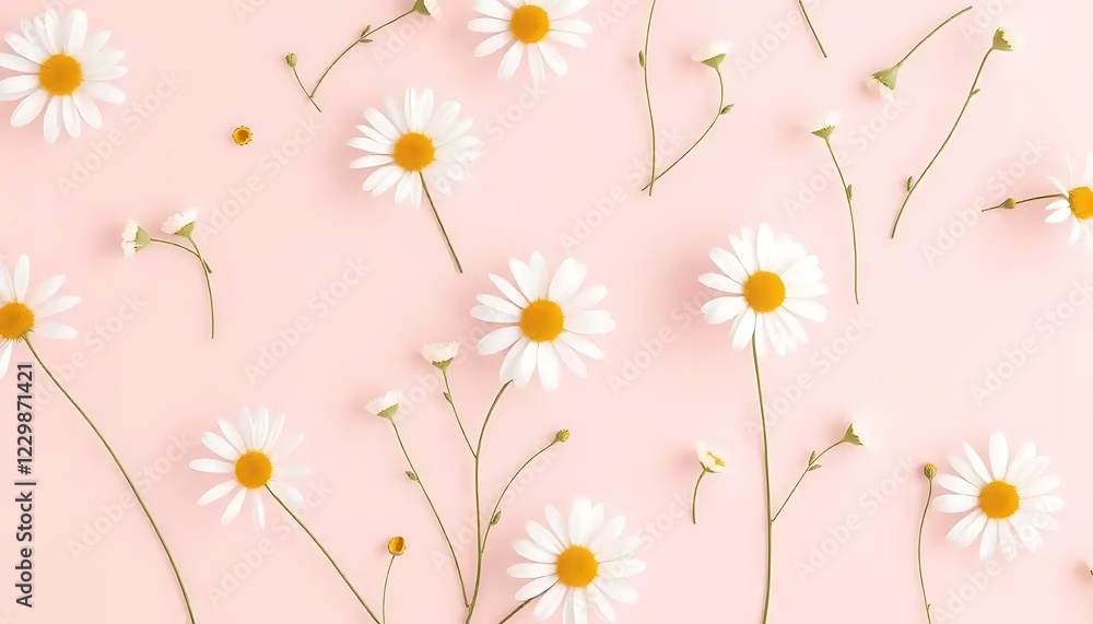 Obraz premium Daisies and small wildflowers arranged on a pink background