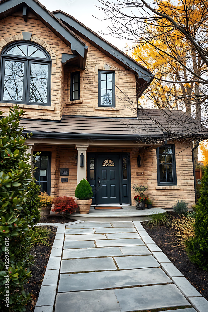 Obraz premium Brick House Exterior with Stone Walkway and Landscaping. Beautiful Autumn colors and stunning architecture. Perfect family home with a welcoming entrance.