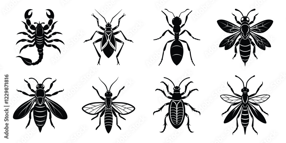 Insects silhouettes set. Vector illustrations poisonous insects isolated on white background Insects silhouettes set. Vector illustrations poisonous insects isolated on white background