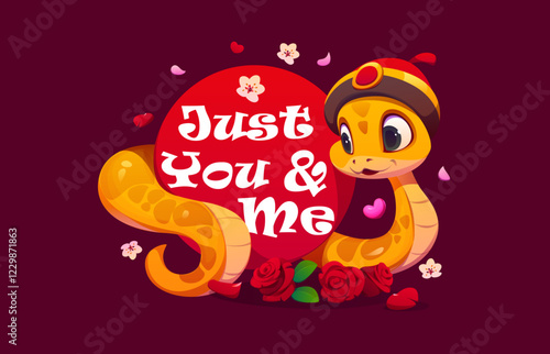 Valentine Day quote Just You and Me for love holiday greeting card, vector poster. Funny cute snake with roses flowers, petals and romantic phrase quote for Valentine day holiday or wedding