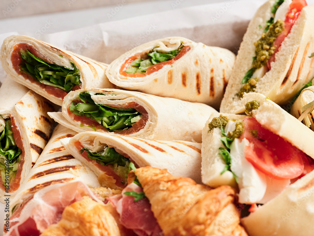 A variety of grilled wraps filled with fresh vegetables and cold cuts are arranged alongside flaky croissants, inviting guests at a lively event A variety of grilled wraps filled with fresh vegetables and cold cuts are arranged alongside flaky croissants, inviting guests at a lively event