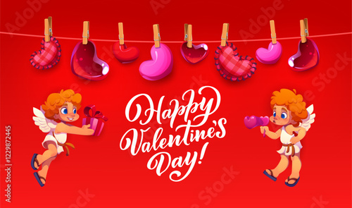 Valentine day greeting card with love hearts and cherubs for holiday, vector banner. Valentine day happy funny cupid angel characters with heart soap bubbles, gift and heart balloons on clothesline