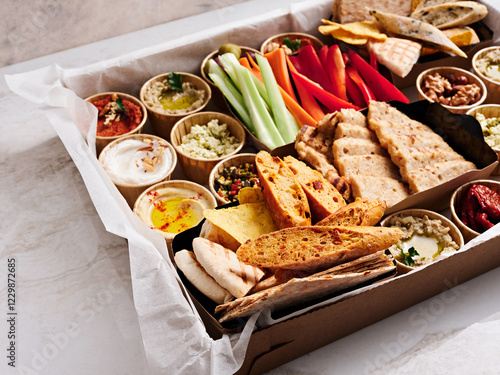 An assortment of fresh vegetables, dips, and various breads is artfully arranged in a large serving tray, ideal for gatherings and sharing among friends or family photo