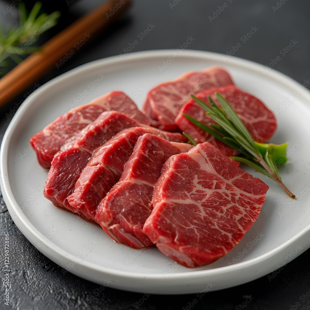 Raw beef steak slices on plate, rosemary garnish, dark background, food photography, recipe Raw beef steak slices on plate, rosemary garnish, dark background, food photography, recipe