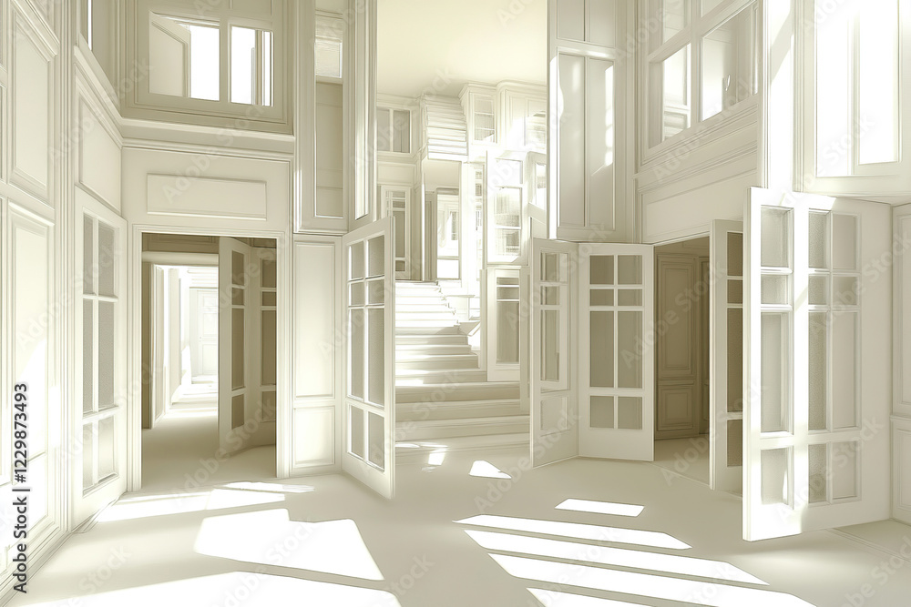 Obraz premium Unique house structure featuring numerous doors leading into an unseen void in a highly detailed setting
