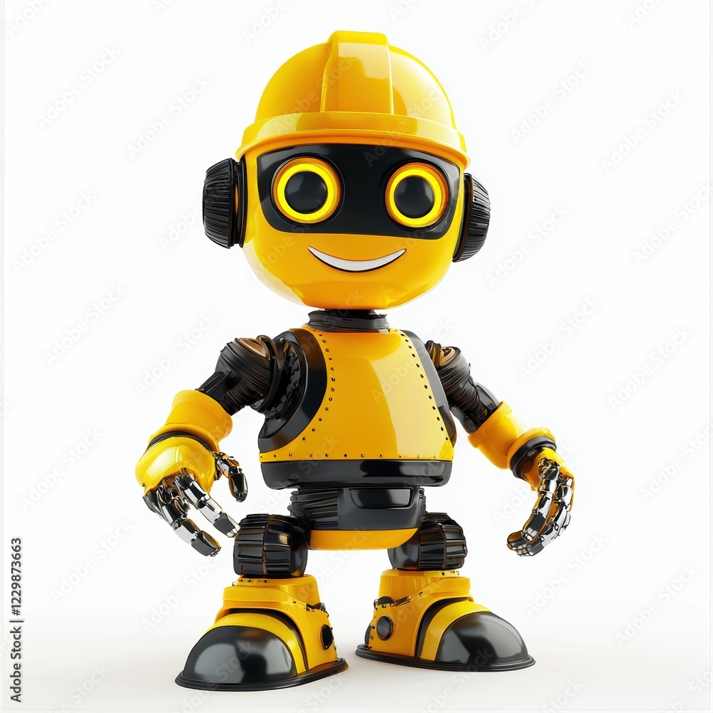 robot in bright yellow and black, resembling a construction worker with a cheerful smile, placed on a clean white background robot in bright yellow and black, resembling a construction worker with a cheerful smile, placed on a clean white background