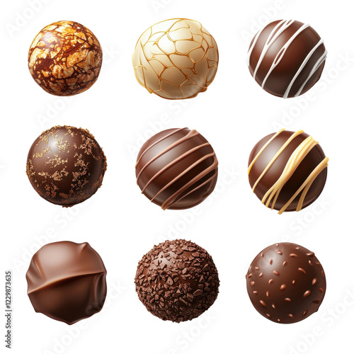 A delightful assortment of chocolate balls featuring various coatings and flavors, set against a white isolate background for a striking presentation.
