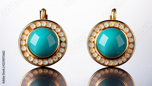 gold stud earrings with round turquoise gemstones photo