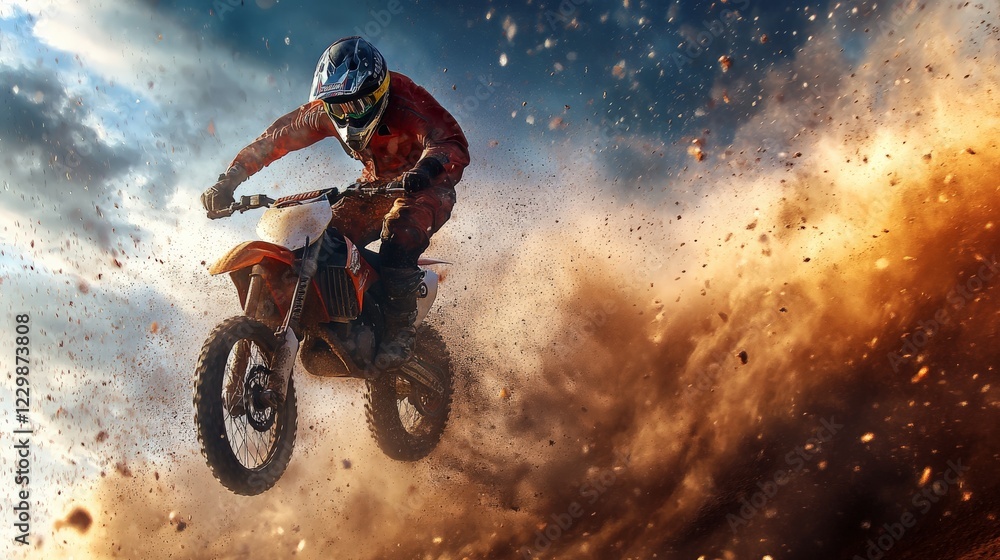 Motocross rider mid-air during a stunt, dirt flying, extreme sports excitement. Motocross rider mid-air during a stunt, dirt flying, extreme sports excitement.