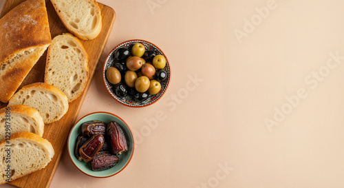 Traditional Iftar Food. Pita Bread, Dates, and Olives on a Minimalist Background