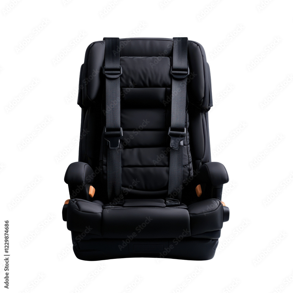 Naklejka premium Black car seat designed for safety and comfort, featuring harness straps. Perfect for family travel and child safety in vehicles.