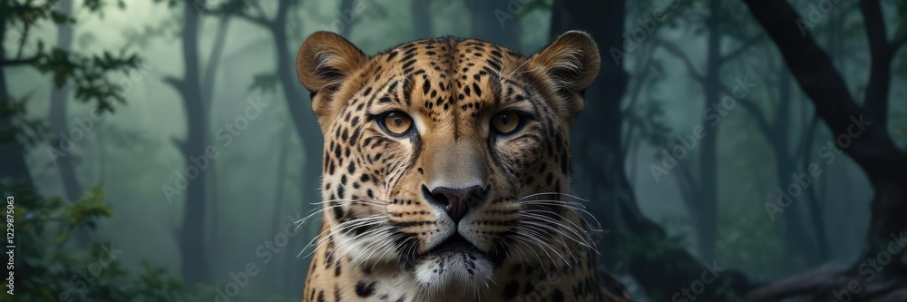 Fototapeta premium Leopards head against a backdrop of dark forest, shadows, nature