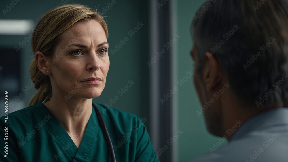 Healthcare professional engages in serious conversation with a patient in a modern medical facility focusing on health and wellness Healthcare professional engages in serious conversation with a patient in a modern medical facility focusing on health and wellness