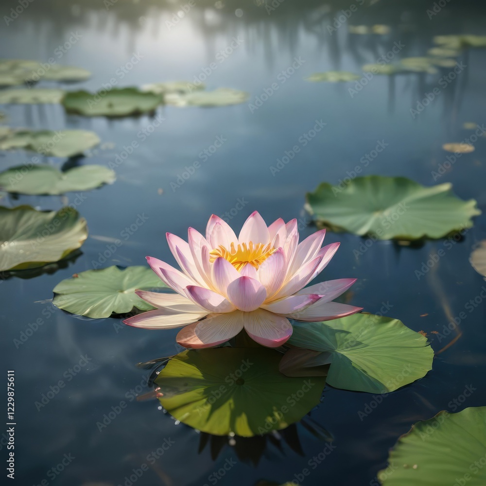 Lotus flower floating on a still pond surface , lotus flower, water reflection Lotus flower floating on a still pond surface , lotus flower, water reflection