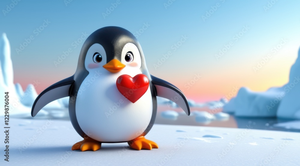 Fototapeta premium Adorable Cartoon Penguin with Red Heart in Snowy Arctic Landscape