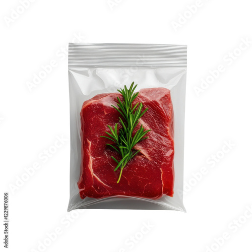 Raw beef steak in a sealed plastic bag with fresh rosemary, isolated on a white background.