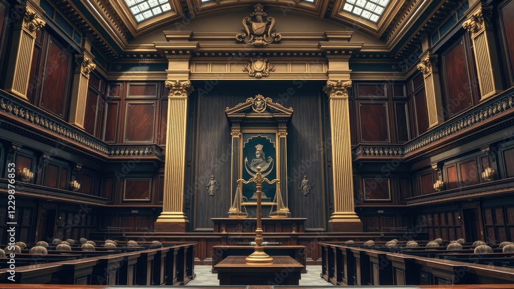 Fototapeta premium Majestic courtroom interior with golden scale of justice and ornate design elements, legal, courtroom, ornate