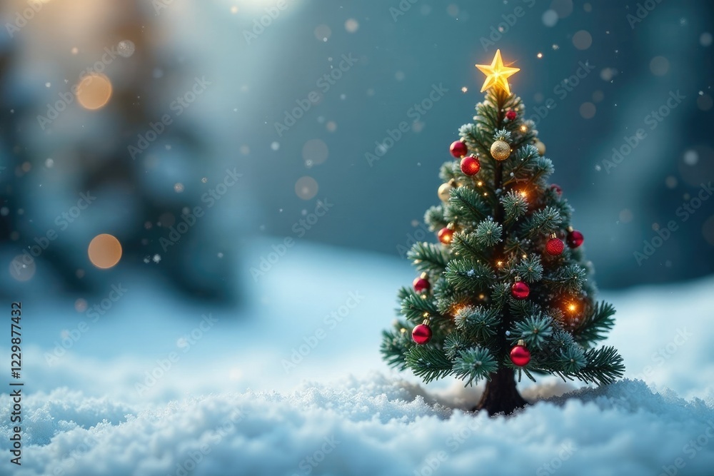 Miniature Christmas tree inside a snowy landscape, festive decorations, small tree, miniature decor Miniature Christmas tree inside a snowy landscape, festive decorations, small tree, miniature decor