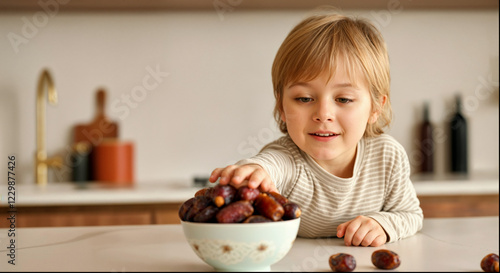 Happy Child Reaching for Dates in a Cozy Kitchen. Healthy Snack and Ramadan Tradition