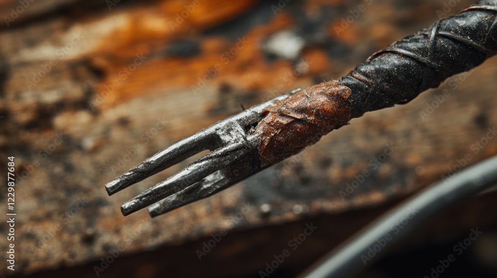 Close-up of a Metal Tined Tool with Leather Wrapping Close-up of a Metal Tined Tool with Leather Wrapping