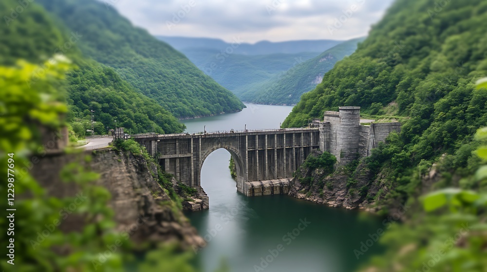 A scenic panoramic shot of a hydro power station with a blurred background, capturing the powerful turbines and flowing water. A scenic panoramic shot of a hydro power station with a blurred background, capturing the powerful turbines and flowing water.