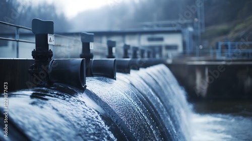 A scenic panoramic shot of a hydro power station with a blurred background, capturing the powerful turbines and flowing water. photo