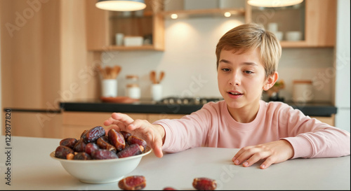 Smiling Boy Reaching for Dates in a Modern Kitchen – Healthy Snack and Ramadan Tradition