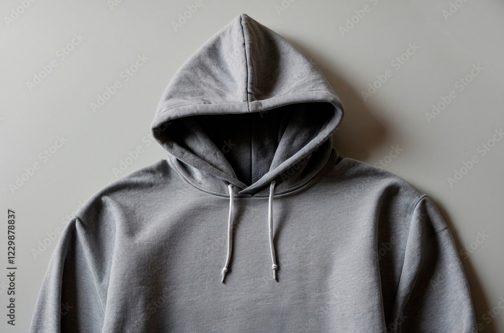 Front view of a blank cotton melange gray hoodie isolated on light gray background. Clothing fashion design style mockup. Front view of a blank cotton melange gray hoodie isolated on light gray background. Clothing fashion design style mockup.