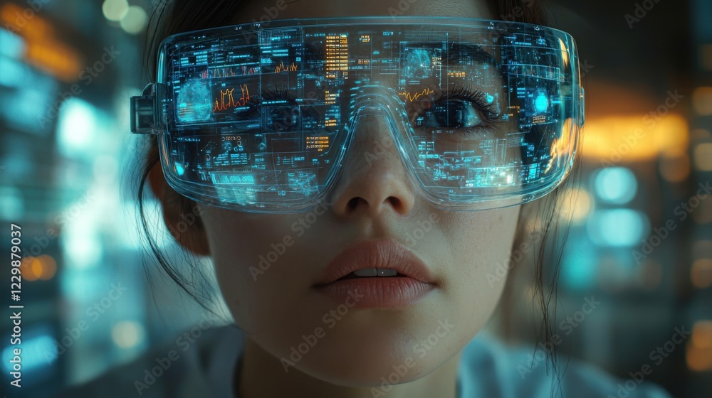 A young woman wearing futuristic augmented reality glasses with a surprised expression, looking at the data displayed. A young woman wearing futuristic augmented reality glasses with a surprised expression, looking at the data displayed.