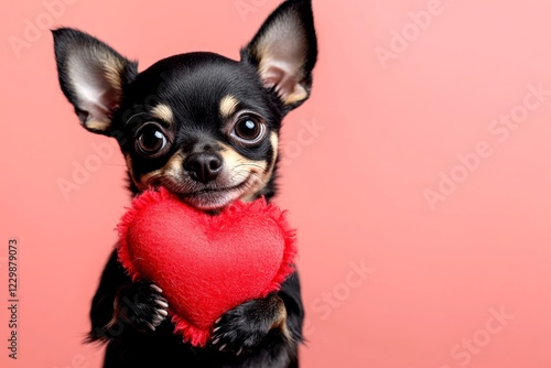 Chihuahua - my beloved dog. Cute chihuahua canine with fluffy red heart - sign of love, funny greeting card. Ad idea art. Romantic dog photography themes. Valentine's romantic pet ideas. photo