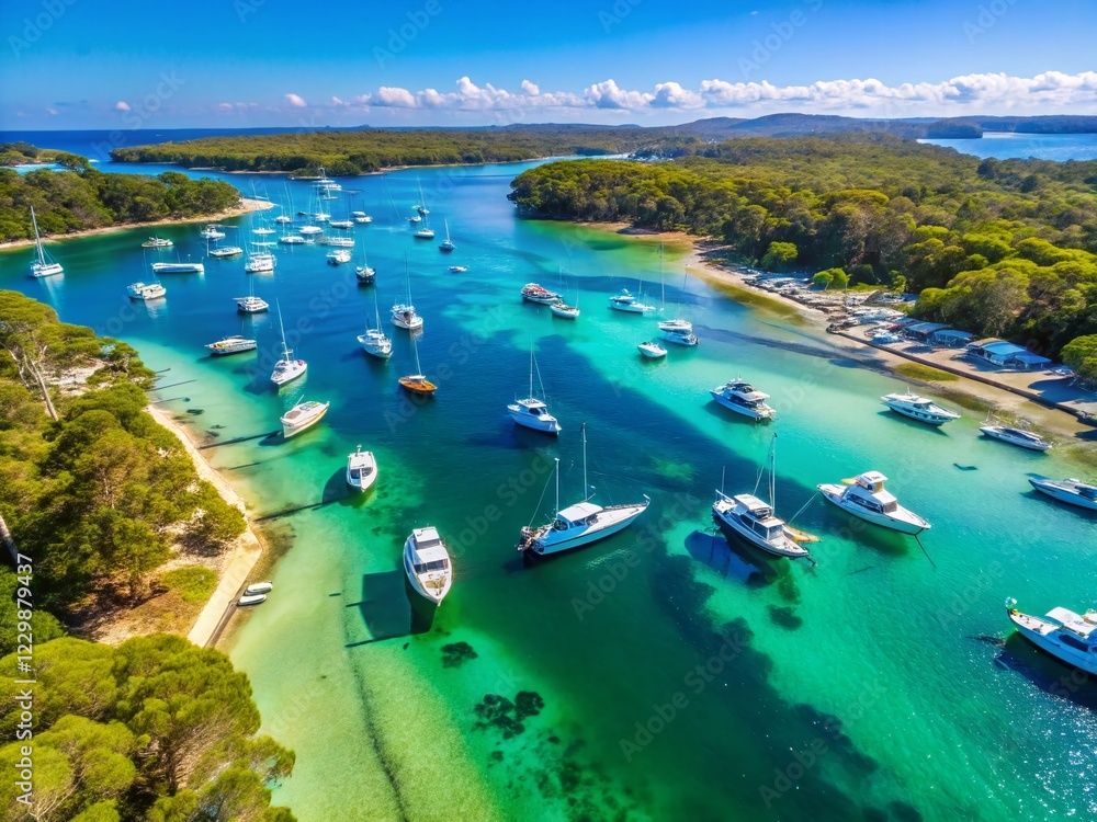 Obraz premium Aerial Drone Shot: Boats & Yachts Moored in Currambene Creek, Huskisson, Jervis Bay, NSW, Australia