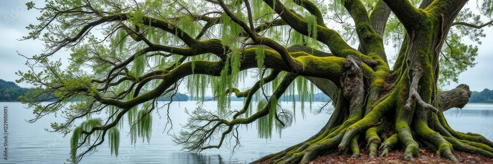 Overgrown with vines and moss ancient tree on the lake's edge, earthy tones, overgrown plants Overgrown with vines and moss ancient tree on the lake's edge, earthy tones, overgrown plants
