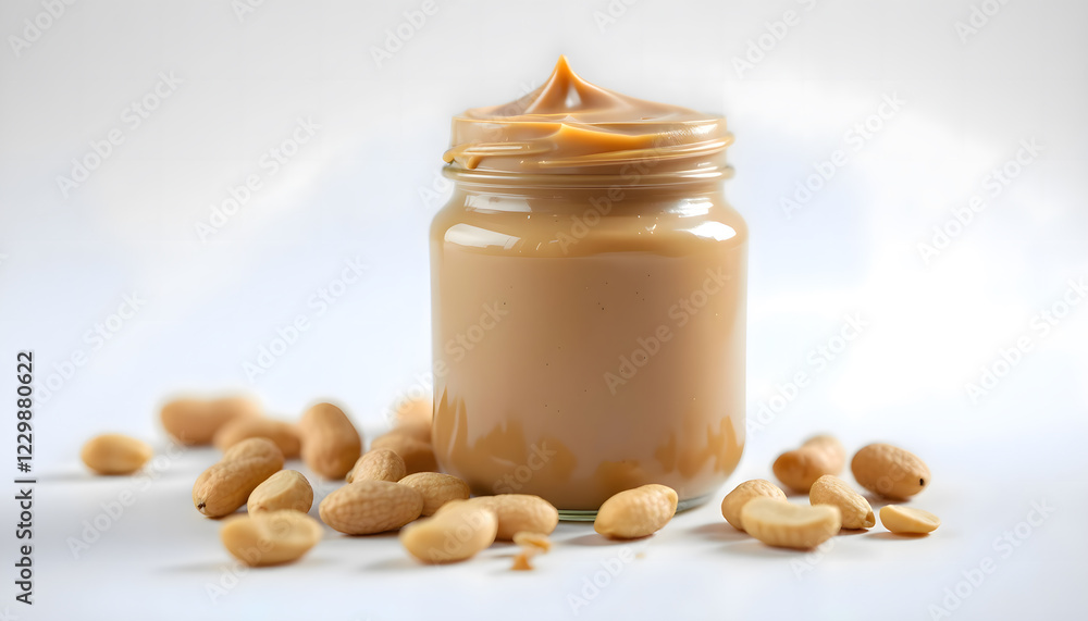 peanut butter in a glass jar, with real unpeeled peanuts around it, bright white background peanut butter in a glass jar, with real unpeeled peanuts around it, bright white background