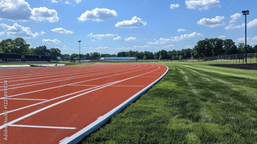 An empty running track with clear white lane markings stretching into the distance under a bright blue sky.