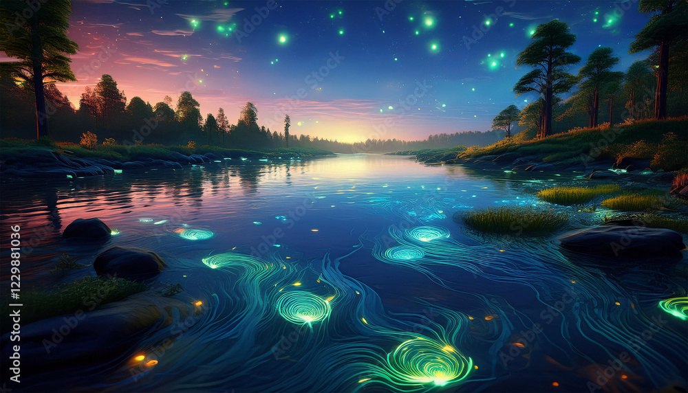 water s surface glows softly at dusk as bioluminescent bacteria light up the river dusk aquatic life water