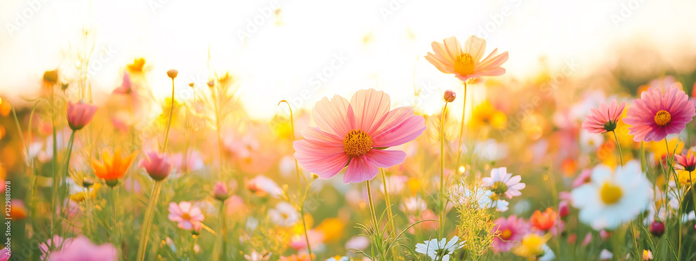 A Vibrant Field of Colorful Wildflowers Including Cosmos and Zinnias in Pink, Yellow, and Orange Bathed in Warm Sunlight Against a Clean White Background. Generative AI A Vibrant Field of Colorful Wildflowers Including Cosmos and Zinnias in Pink, Yellow, and Orange Bathed in Warm Sunlight Against a Clean White Background. Generative AI