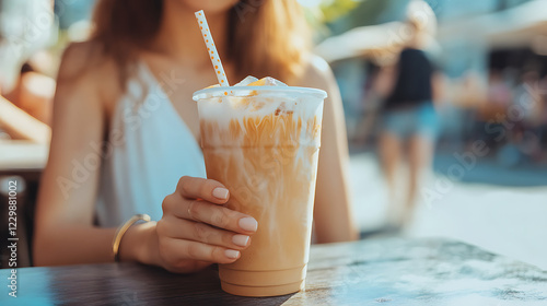 Young Woman Holding a Refreshing Iced Coffee Beverage Outdoors