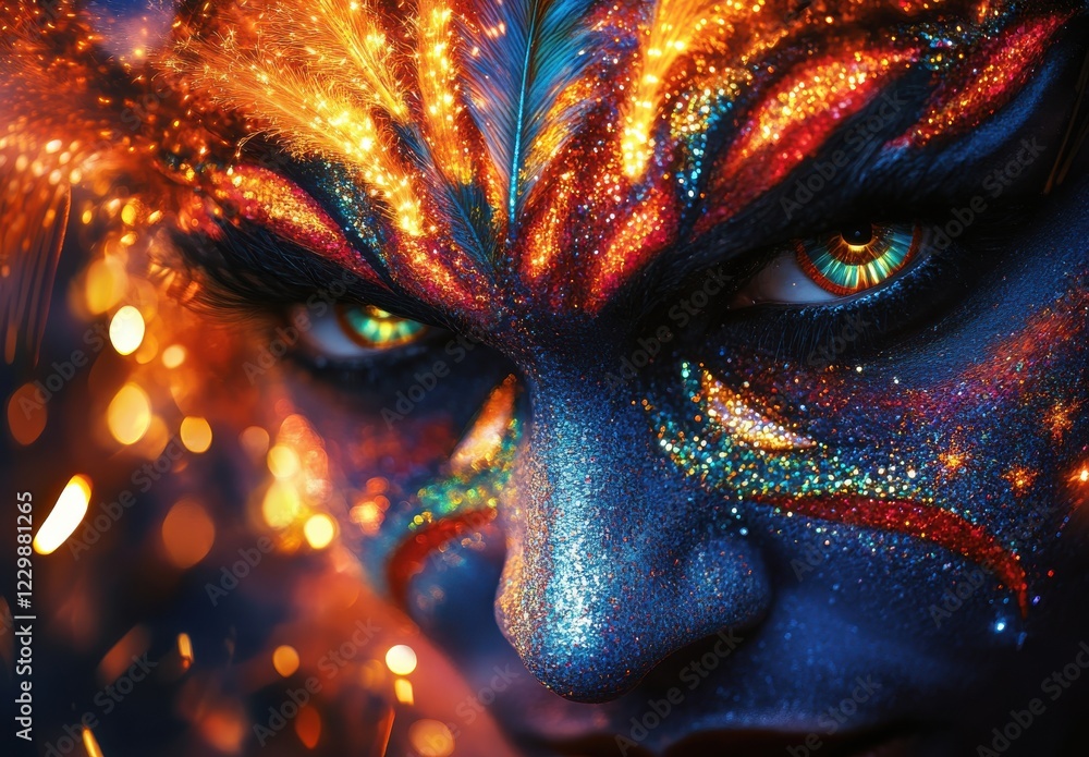 Stunning close-up of a person with intricate face paint, vibrant colors, mesmerizing gaze, and shimmering sparkles in a dramatic artistic composition Stunning close-up of a person with intricate face paint, vibrant colors, mesmerizing gaze, and shimmering sparkles in a dramatic artistic composition