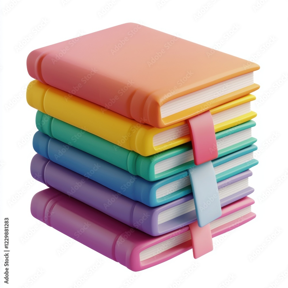 stack of colorful books with bookmarks and textured covers, placed on a clean white background stack of colorful books with bookmarks and textured covers, placed on a clean white background