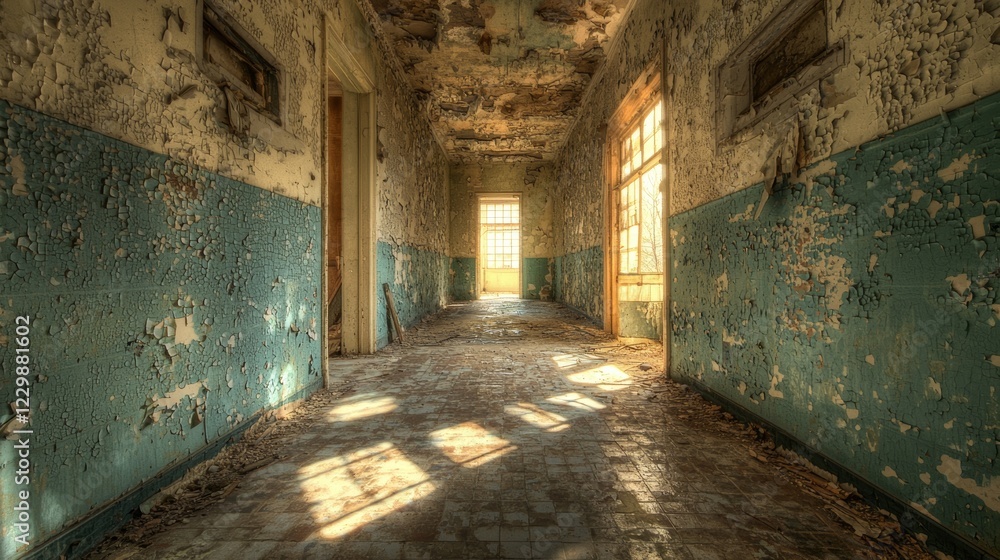 Obraz premium Sunlit Decay: Exploring the Haunting Beauty of an Abandoned Corridor