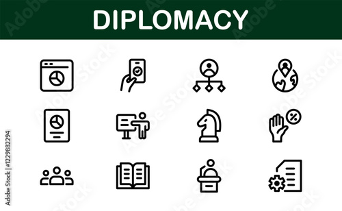 Diplomacy Icons. Professional Vector Illustrations for International Relations, Negotiations, and Global Communication Projects