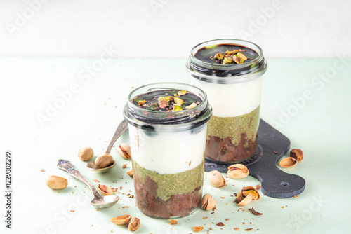 Photography Dubai chocolate dessert cup, layered pistachio kadaif parfait cake with chocolat