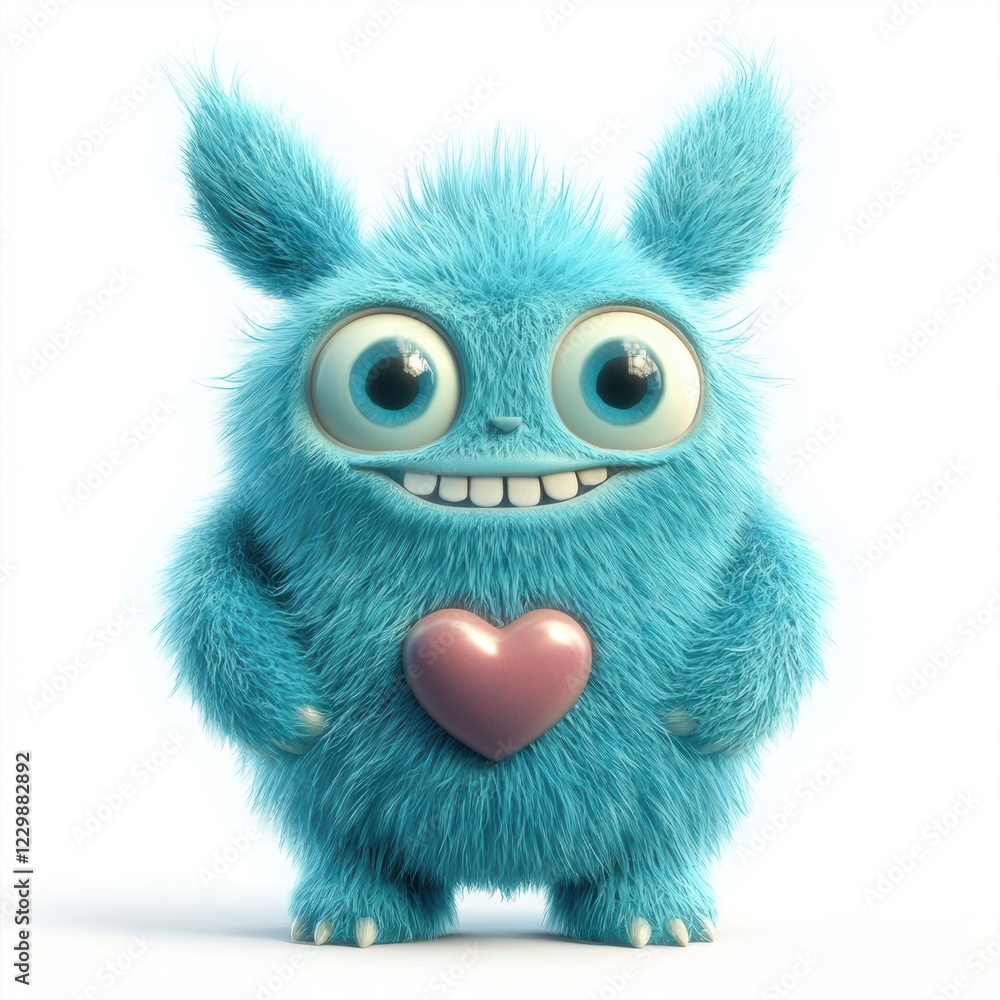 Fototapeta premium turquoise fluffy monster with big ears, small antennae, and a glowing heart on its chest, smiling gently, isolated on a white background