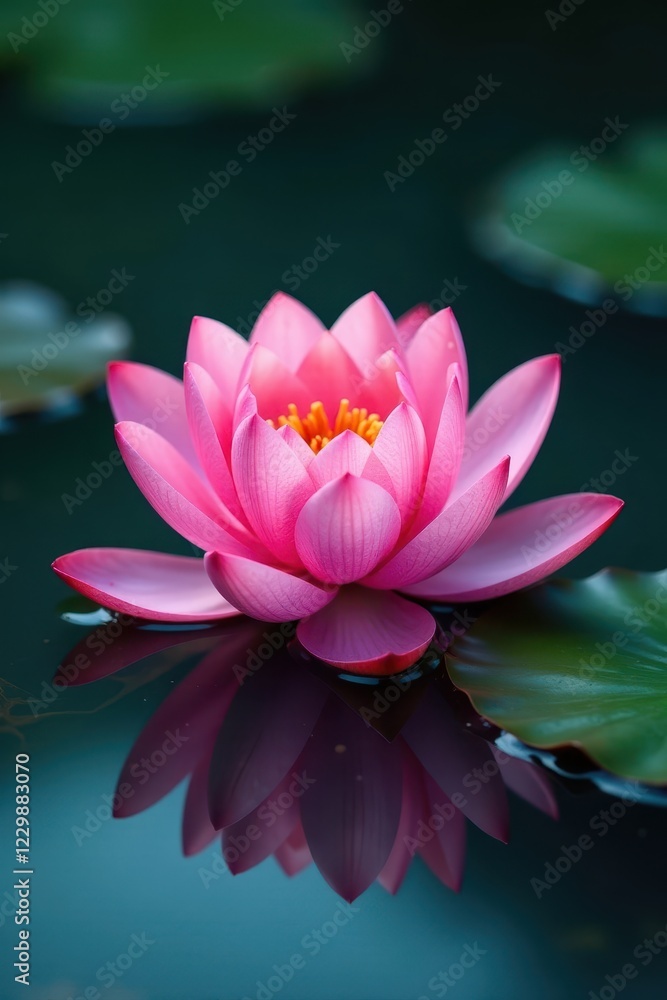 Pink lotus blossom floats serenely on calm water's surface, minimal, serene Pink lotus blossom floats serenely on calm water's surface, minimal, serene