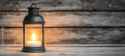 glowing old fashioned lantern with lit candle inside, placed against rustic wooden background