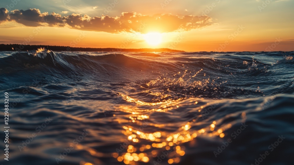 Golden sunset over a calm ocean. Waves gently lap the shore. Golden sunset over a calm ocean. Waves gently lap the shore.