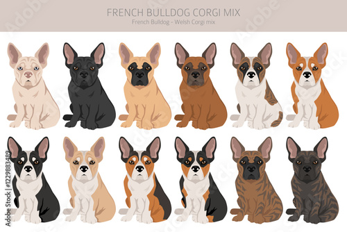 French Bulldog Corgi clipart. French Bulldog - Welsh Corgi mix. All possible coat colors, breed information, adults and puppies.  Vector illustration