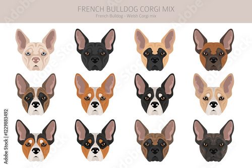 French Bulldog Corgi clipart. French Bulldog - Welsh Corgi mix. All possible coat colors, breed information, adults and puppies.  Vector illustration