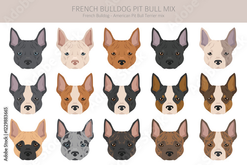 French Bulldog Pitbull mix clipart. French Bulldog - Pit bull terrier mix. All possible coat colors, breed information, adults and puppies.  Vector illustration