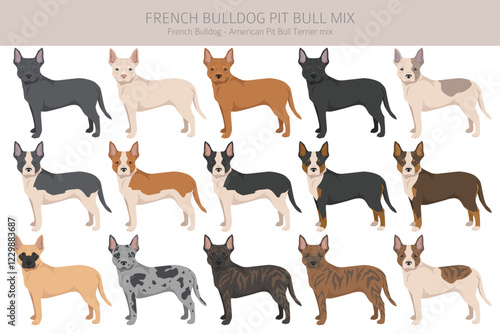 French Bulldog Pitbull mix clipart. French Bulldog - Pit bull terrier mix. All possible coat colors, breed information, adults and puppies.  Vector illustration photo